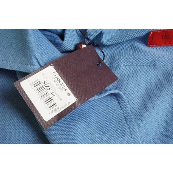 Isaia Solid Blue Woven Long Sleeve Cotton Button Up Polo Shirt Sz M BRAND NEW